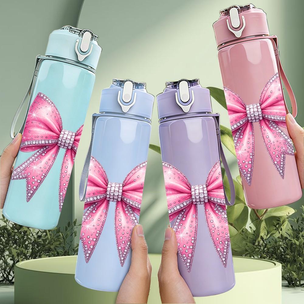 1PC Elegant Pink Fabric Bow Decoration Print 750ml Color Plastic Sports Water Bottle Leakproof Flip Straw Lid Suitable for Sports Office Home Use