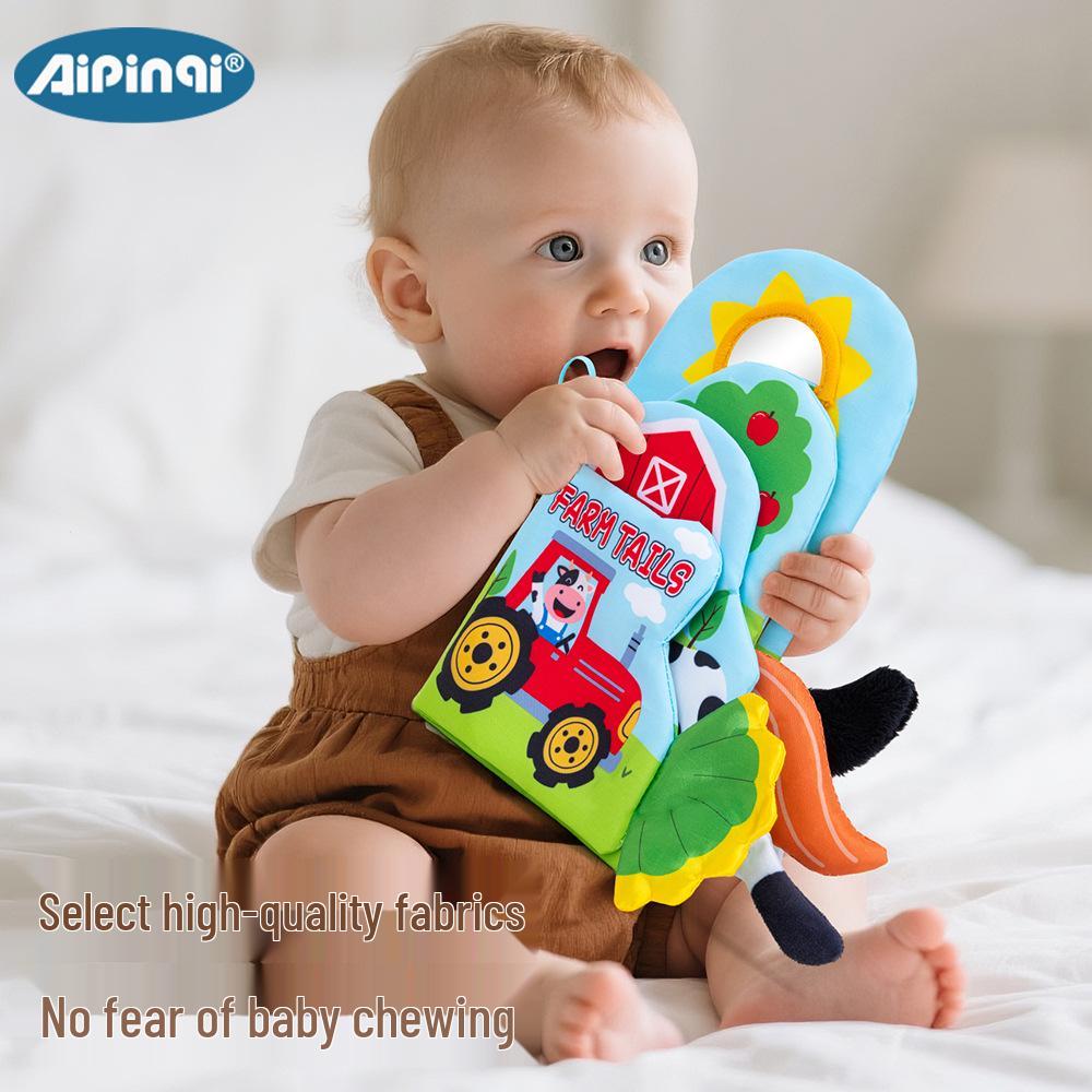 Animal-Shaped Baby Cloth Book with Crinkle Pages, Mirror, and 3D Tails - Tear-Resistant Touch & Feel Toy