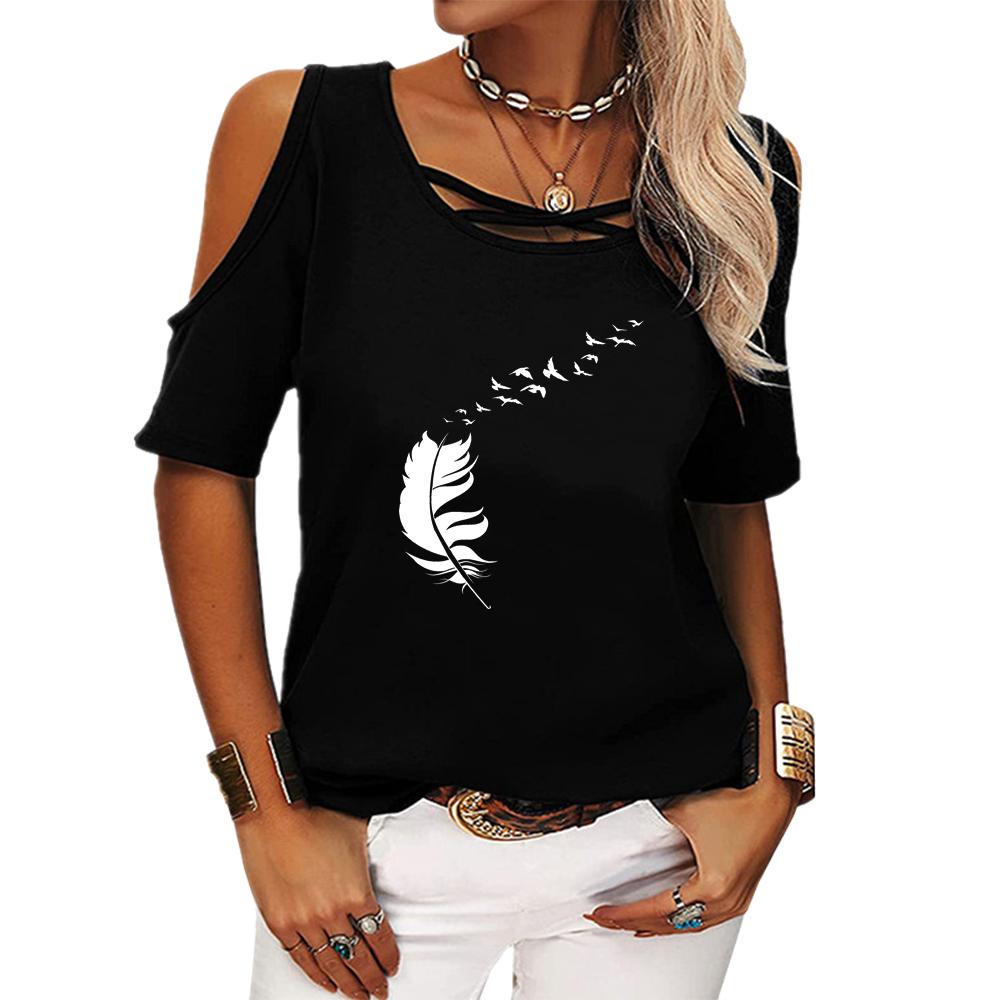 Women Fashion Round Neck Tee Shirt Summer Off Shoulder Top Casual Print Short Sleeve T-shirt
