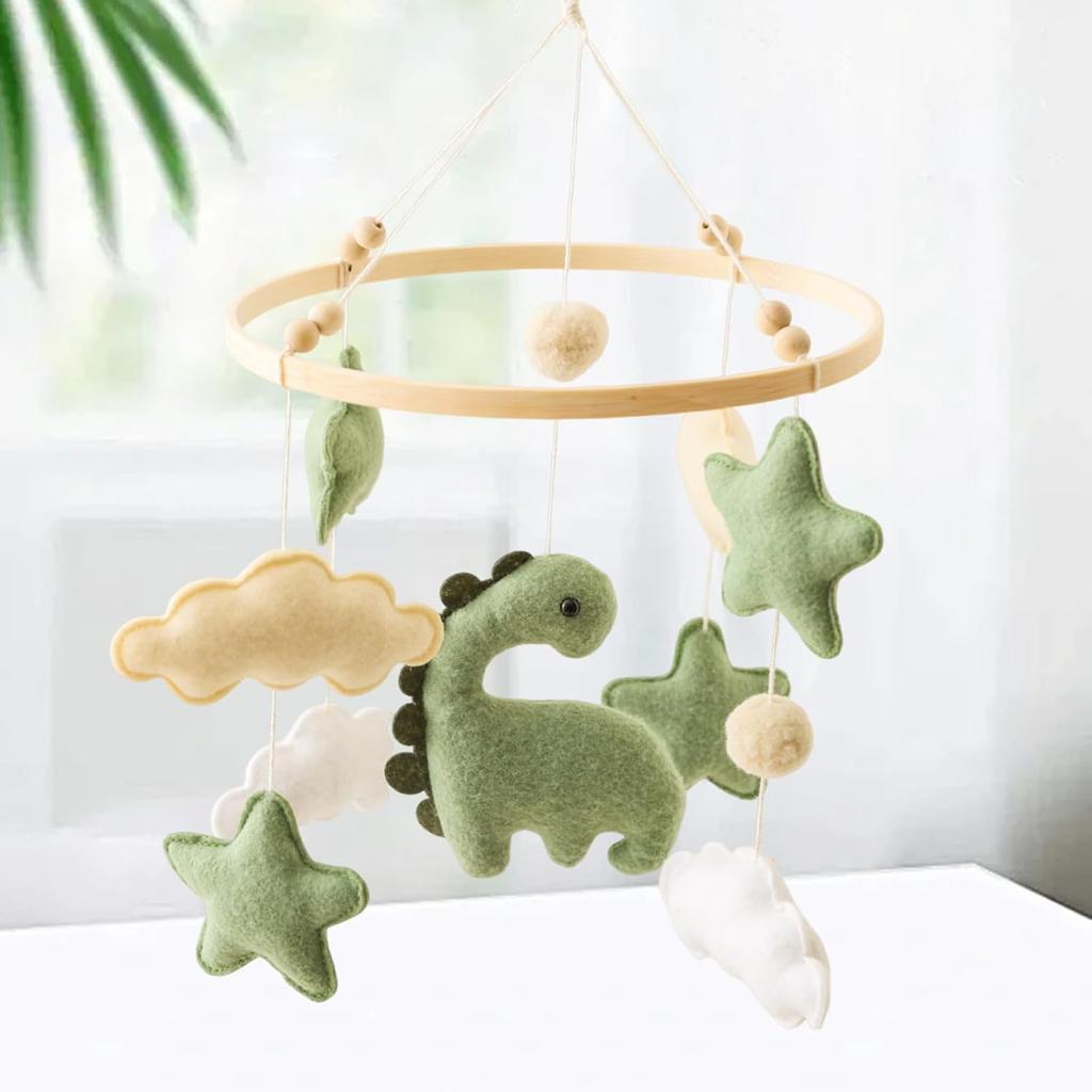 Soft Green Dinosaur Theme Baby Mobile for Crib, Simple Crib Bell for Boys and Girls,Handmade Felt Clouds Nursery Ceiling Decoration,Easy to Install