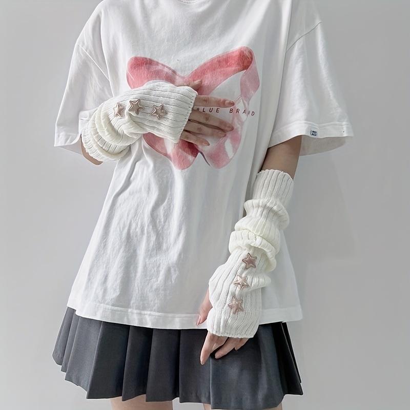 1 pair of ladies' fingerless gloves with star decoration white/black/pink machine washable fashionable accessory gloves