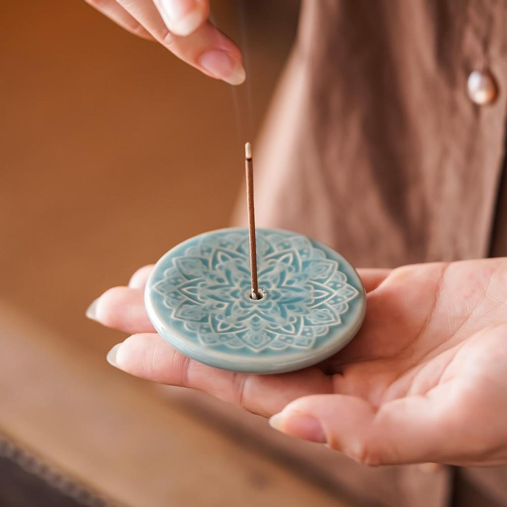 Celadon Lotus Bloom Incense Holder - Ceramic Flower Ornament for Home and Tea Ceremony
