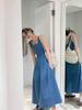 ZQ Ziqing Blue Mist Strappy Denim Summer Dress - Women's Elegant, Waist-Cinching, Niche Design.