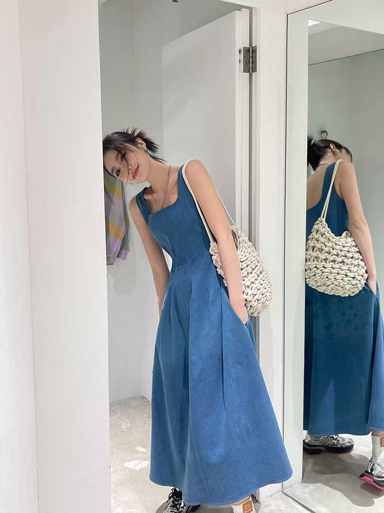 ZQ Ziqing Blue Mist Strappy Denim Summer Dress - Women's Elegant, Waist-Cinching, Niche Design.