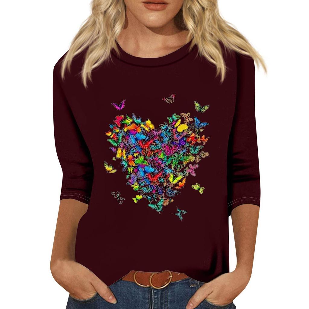Women's Fashion Loose Casual Seven 3/4 Sleeve Printed Round Neck Pullover Top