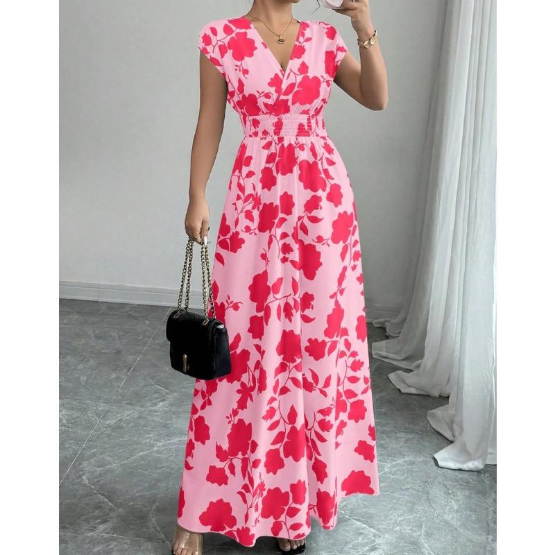 New Printed V-neck Short Sleeved Summer Dress Waist Cinching A-line Party Dresses Casual Elegant Sweet Long Dress Losoe Casual Women's Clothing