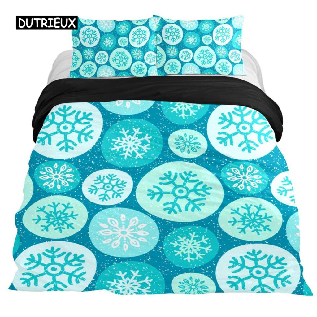 Snowflake Duvet Cover Set Winter Theme Christmas Illustration Cold Weather Season Twin Bedding Set King Size Soft Quilt Cover