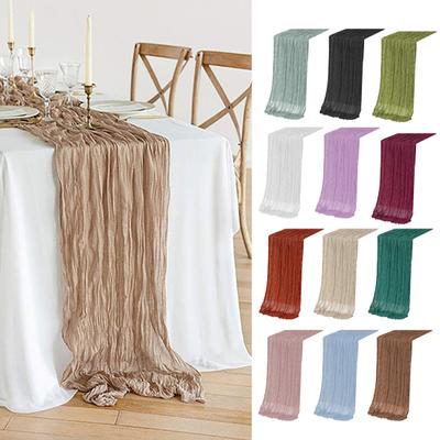 Thanksgiving Party Table Runner Gauze Bohemian Style Pleated Solid Color Stain-Proof Reusable Table Protection Decoration Prom Banquet Table Runner