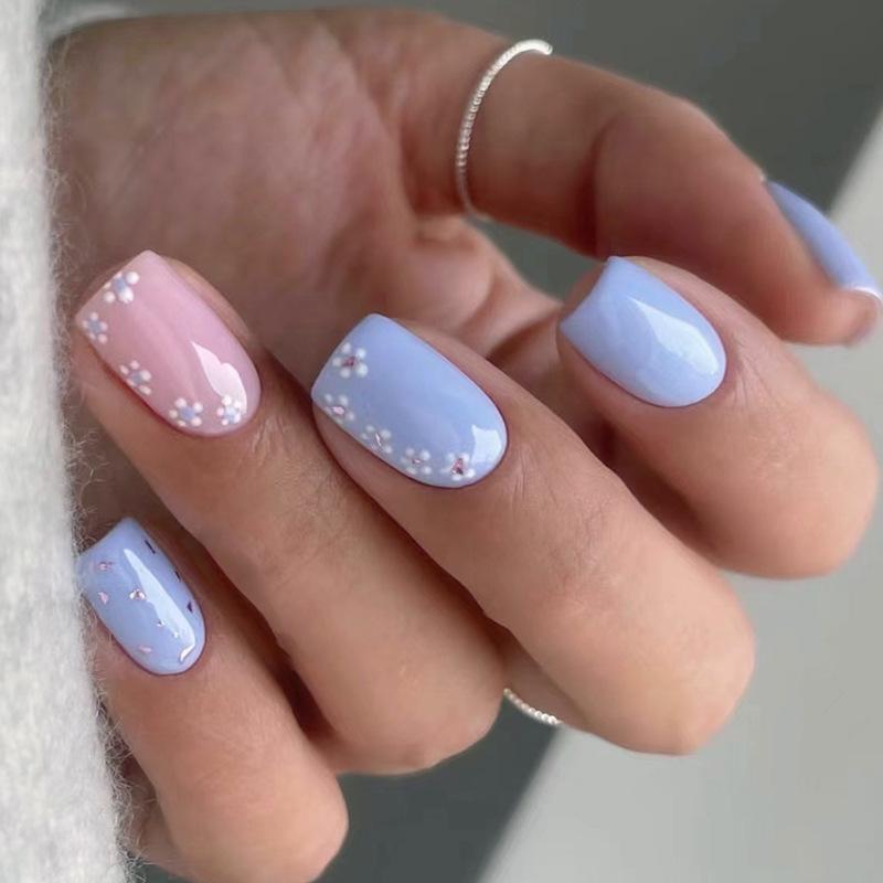 Blue summer fresh and fashionable small medium and long wearing nail piece gentle girl sweet fake nails