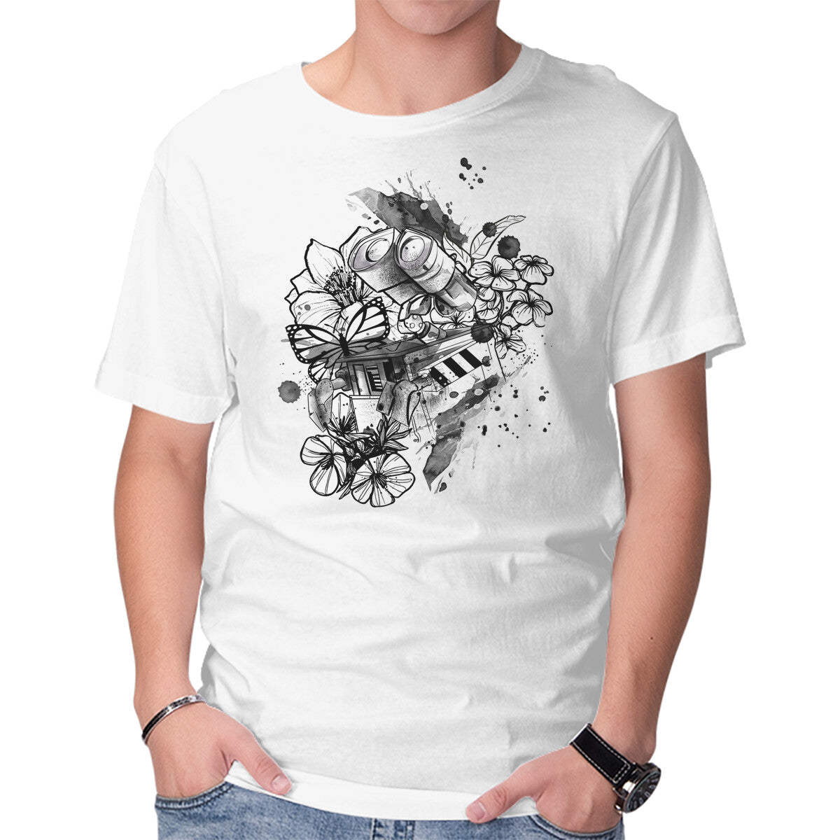 Unisex Crew Neck T-Shirt Robot Ink Graphic Short Sleeve Casual Tee M