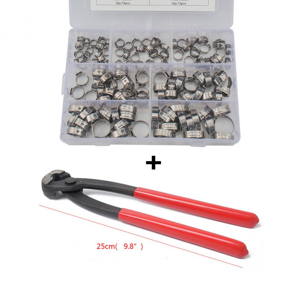 130 x 6.0-21.0mm Single Ear Stainless Steel Car Hydraulic Hose Clamps O-Clips Pipe Fuel Air Pipe Clamp with Pliers Tool