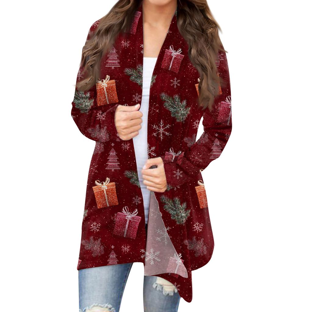 Damemote Juletrykkjakke Langermet Casual Cardigan Coat