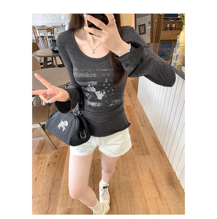 American Retro Square Neck Long Sleeve T-shirt - Women's Slim Fit Cropped Top for Autumn