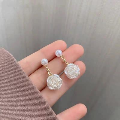 S925 Silver Needle Super Fairy Small Camellia Stud Earrings Tide Niche Design Pearl Earrings Light Luxury High-End Earrings