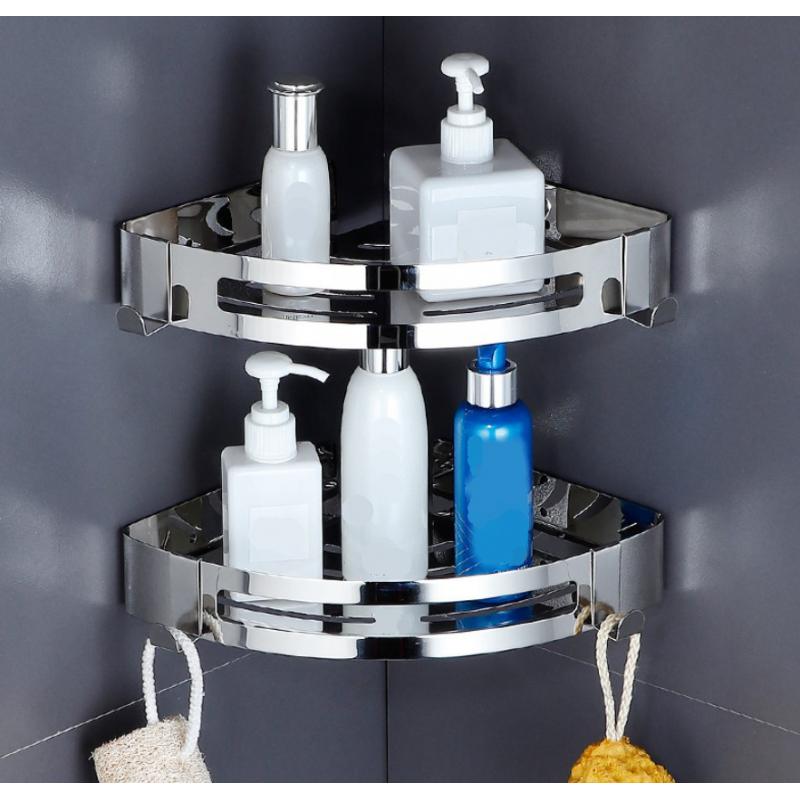 Bathroom Shower Corner Shelf with Two Hooks Stainless Steel, Wall Mount Shelves