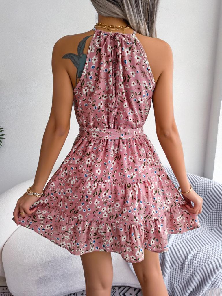 O Neck Printed Dress High Waist Elegant Flounce Dress for Women Sleeveless Loose Dresses Causal Dress