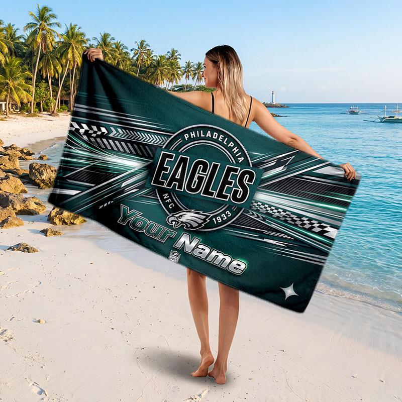 Philadelphia Eagles Customized Name Text Beach Towel, Soft Absorbent Towel Beach Pool Travel Personal Gift