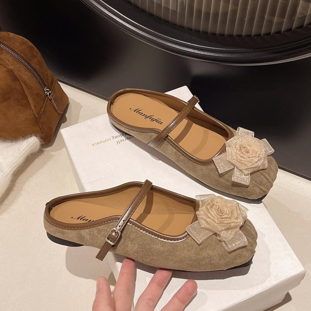 Baotou półpantofle damskie letnie 2025 nowe wsuwane buty Mary Jane na miękkiej podeszwie sandały płaskie kwiatowe wróżki