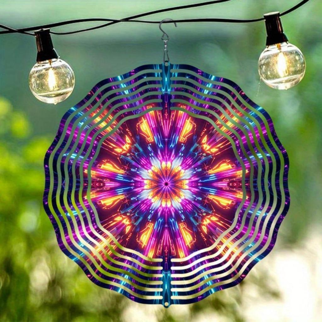 Vibrant 3D Mandala Wind Chime Colorful Kaleidoscope Pattern Dynamic Rotation Art Metal Hanging Decor for Indoor Outdoor Thanksgiving Christmas Gift