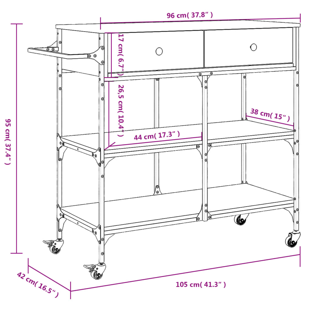 Kitchen Trolley Grey Sonoma 105x42x95 cm Particleboard
