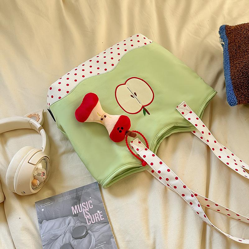 Cute Canvas Bag Women 2025 New Retro Polka Dot Apple Shoulder Bag Casual Large Capacity Portable Tote Bag Tide