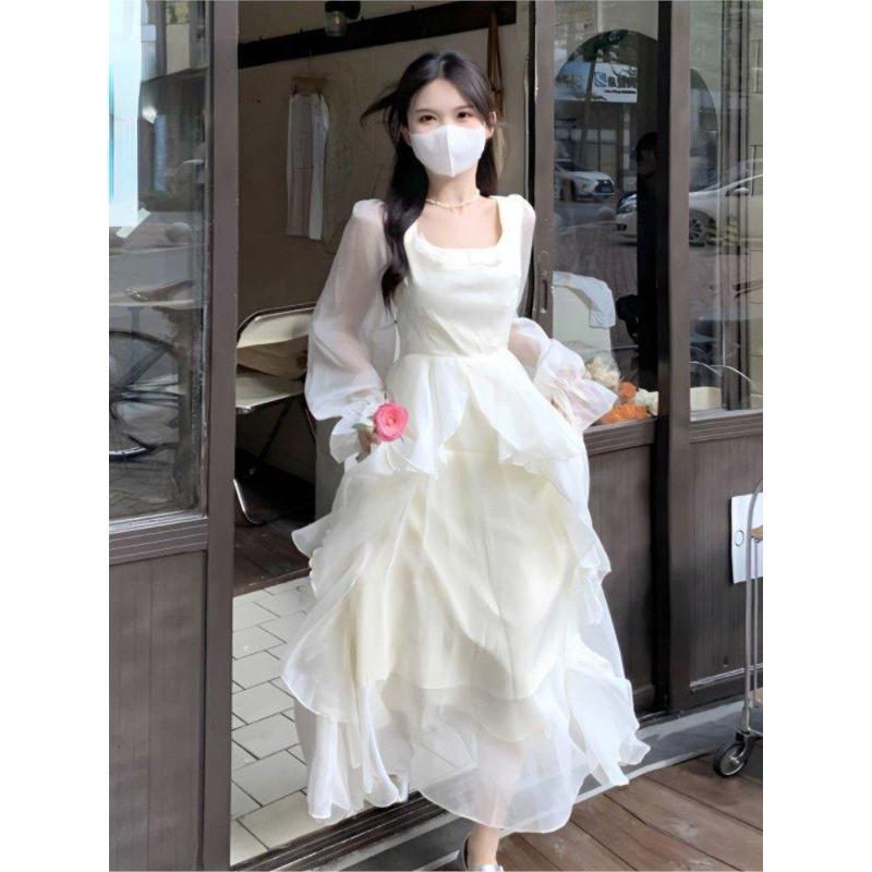 Abito lungo in chiffon fata vintage da donna bianco elegante abito longuette da festa francese manica a sbuffo abbigliamento casual da donna