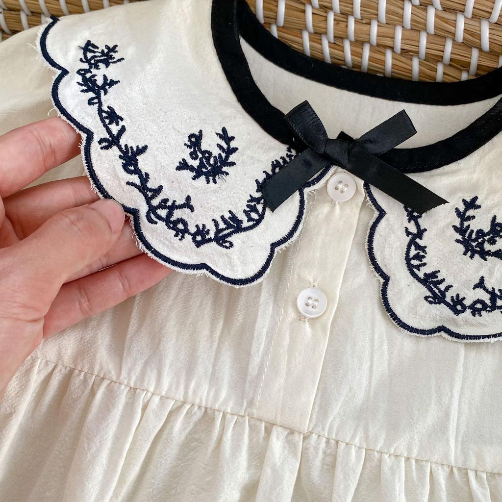 Baby Girl Fall Long Sleeve Romper with Floral Embroidery and Peter Pan Collar