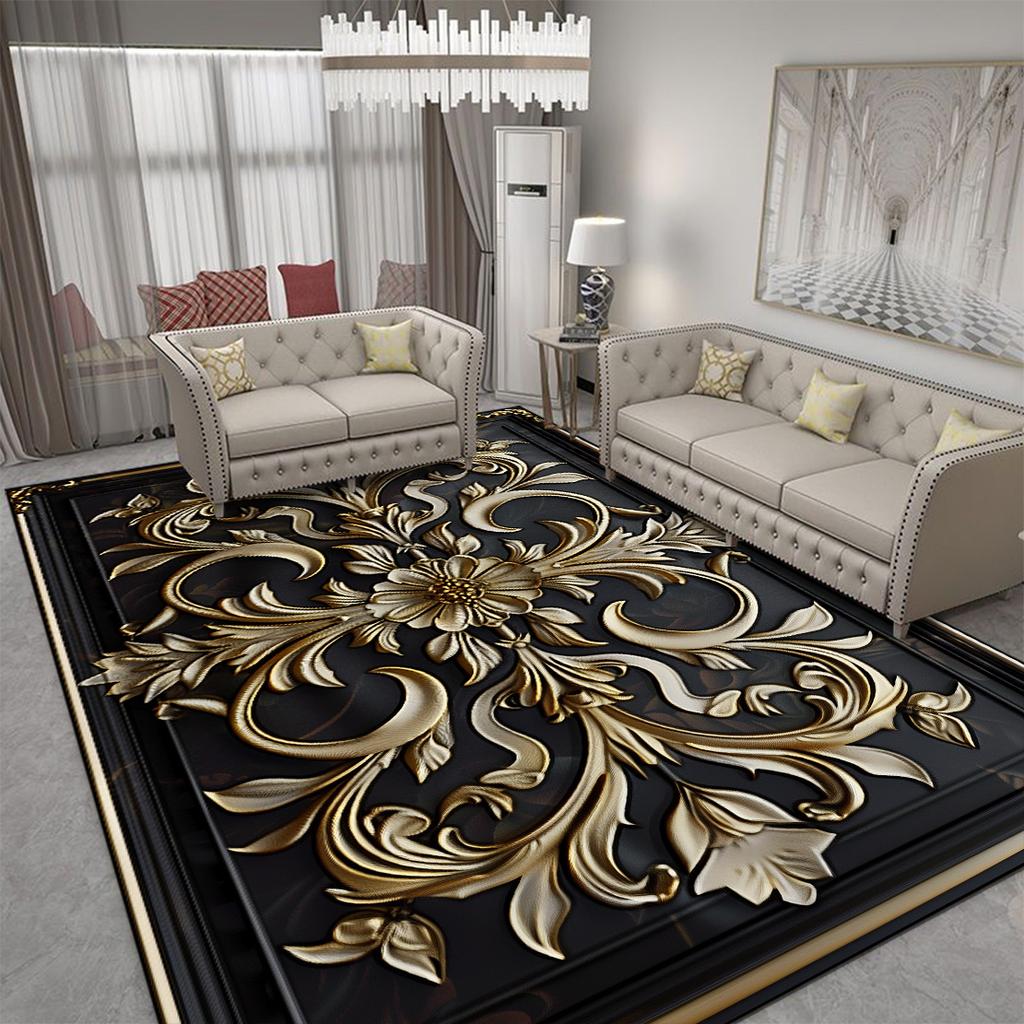 Luxury Golden Flower Carpet for Living Room Advanced European Decoration Bedroom Bedside Area Rug Washable Coffee Tables Mat