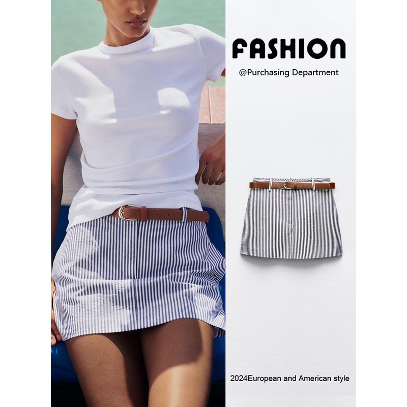 Za2024 Summer New Product Women's Clothes Fashion All-Matching with Belt Casual Stripes Short Pantskirt 1478223 104