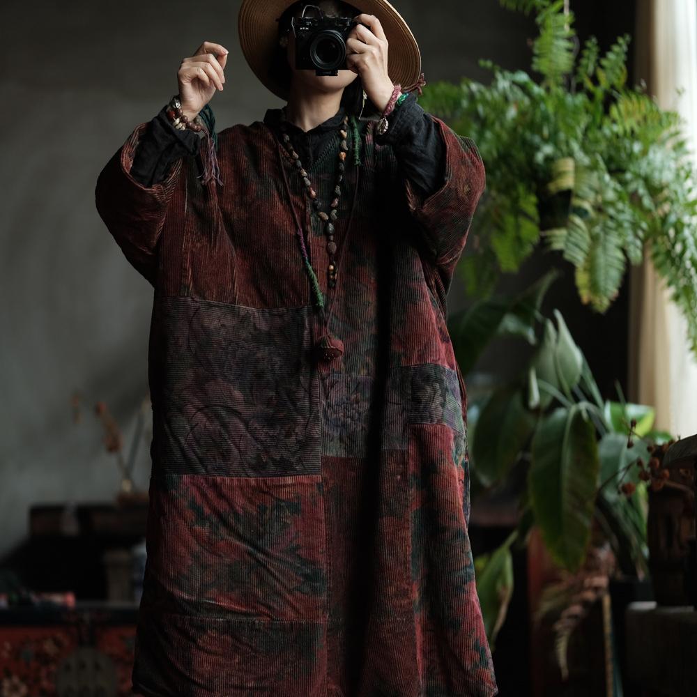 Johnature Women Patchwork Floral Pullover V-Neck Long Sleeve Warm Winter Chinese Style Female Dresses