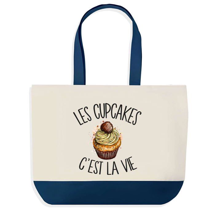 Sac cabas - PLANETEE - Sac shopping fond bleu «Cupcakes c'est la Vie» - Bleu - Coton - 40 x 45 cm