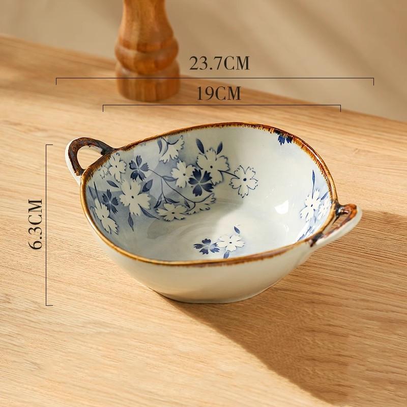1PC Japanese Style Double-handle Soup Bowl Ceramic Noodle Bowl Kitchen Tableware Pasta Salad Bowl Home Microwave Oven Bakware