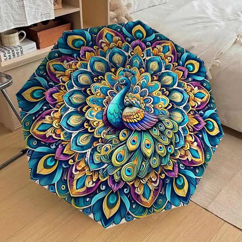 Colorful Peacock Mandala Automatic Opening Folding Umbrella with 8-Bone Iron Frame - Perfect for Festivals, Travel, Daily Use, and Gifts!112