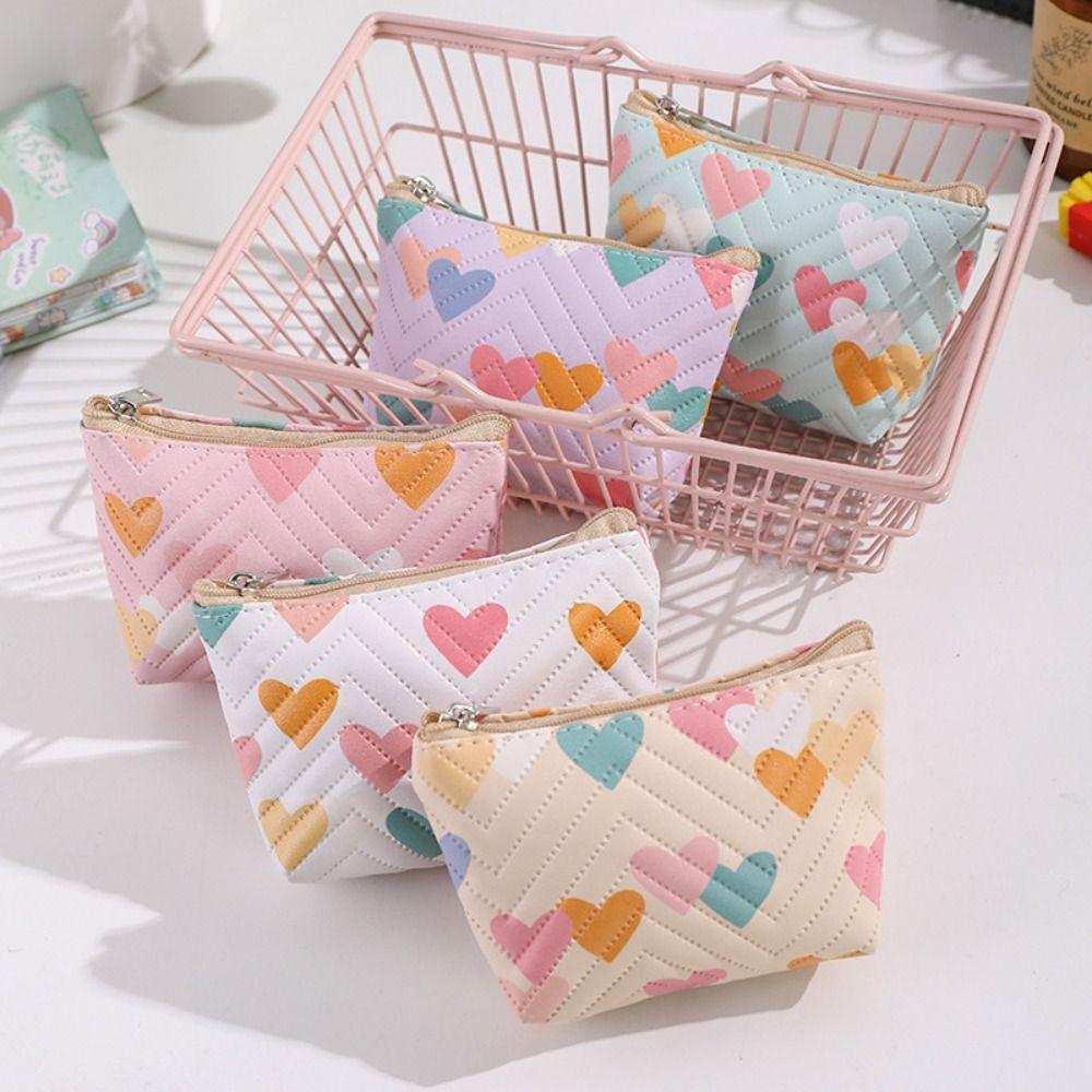 Multi-functional PU Leather Coin Purse Heart Patterns Zipper Closure Mini Wallet Small Makeup Bag Home Travel Lipstick Holder