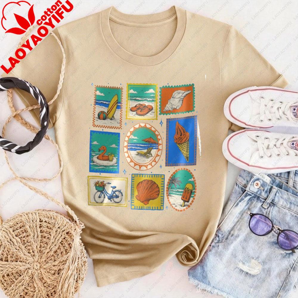 Vintage Beach Summer Shirt Coastal Vacation Tee for Women Beachy Graphic Clothes Women Tees Retro Stamp Sea Lovers Tops