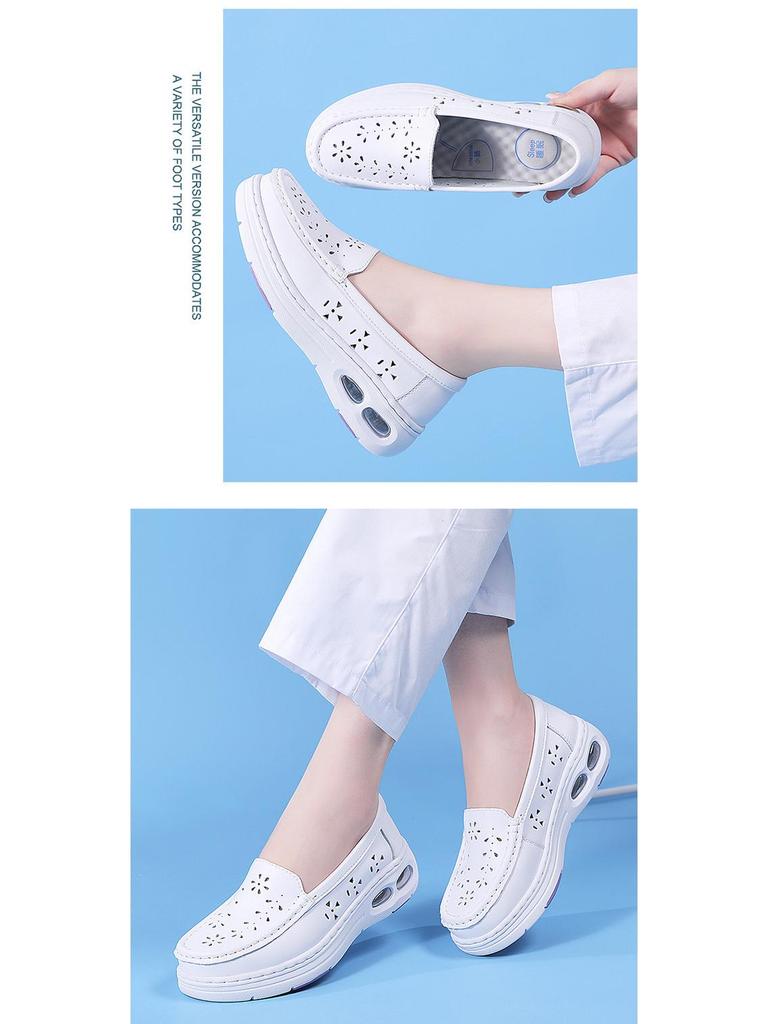 Summer Non-Slip Leather Nurse Shoes: Double Air Cushion, Thick Soft Sole, Breathable, Comfortable for Medical Work