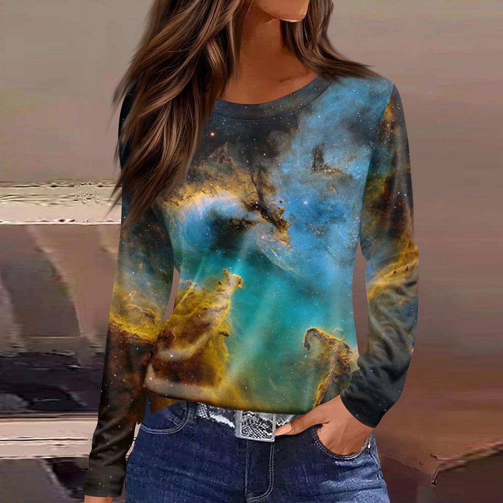 Women's Fashion Casual Slit Hem Round Neck Long Sleeve Loose Printed T,Shirt Ladies Top