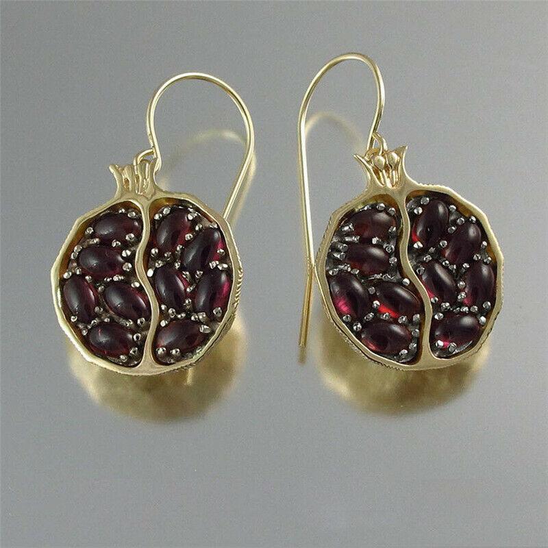 Boho Vintage Goudkleurige Fruit Granaatappel Druppel Oorbellen Voor Vrouwen Natuurlijke Rode Granaat Haak Oorbellen Bruiloftsband Sieraden Cadeaus