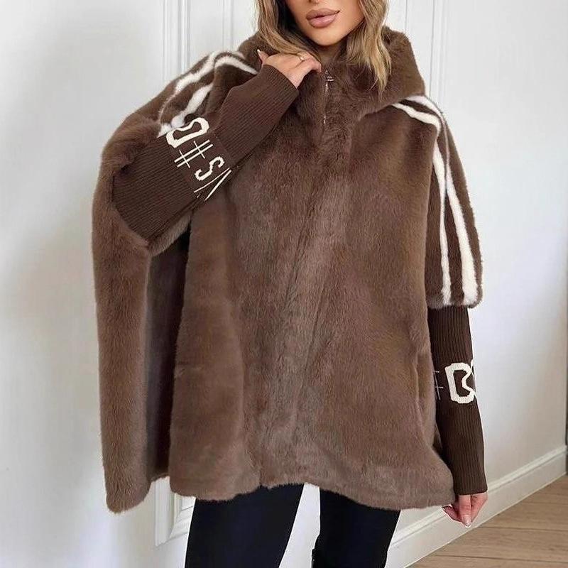 Women's Hooded Striped Sleeve Letter Cuff Zip Up Faux Mink Fur Loose Casual Baseball Coat