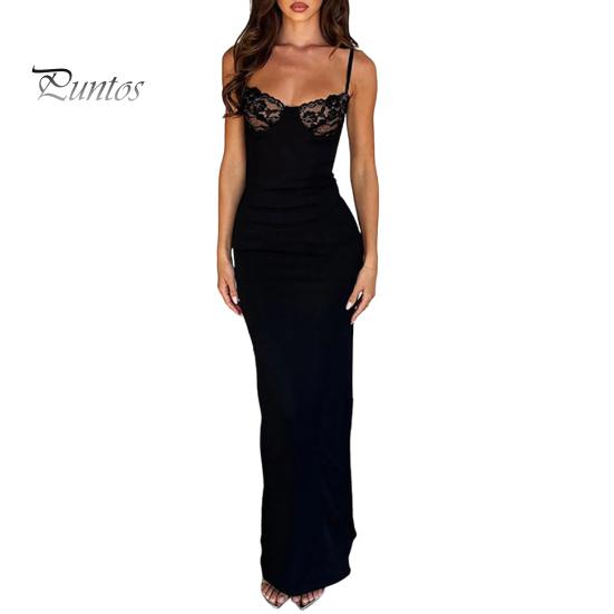 

Женское облегающее платье макси на бретельках с кружевом и без рукавов, длинное платье с разрезом, сексуальное вечернее платье с глубоким вырезом для коктейльных вечеринок и ночных клубов S чёрный