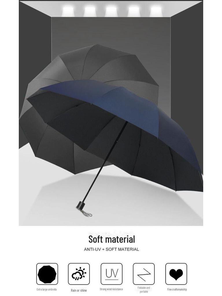 Twelve-Bone Folding Sunshade Umbrella - Large, Black, Logo-Printed for Sun and Rain Protection