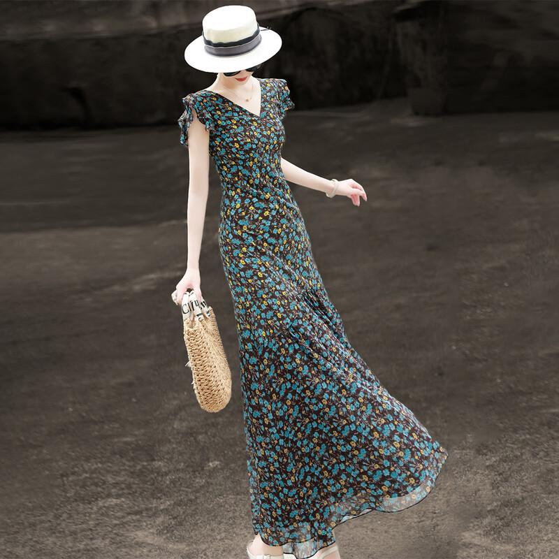 Elegant French Resort Floral V-Neck Chiffon Midi Dress M