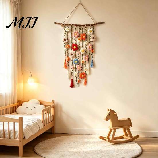 Boho Wall Decor Bohemian Crochet Flower Hanging Tapestry, Handmade Tassels Soft Yarn with Wooden Stick, Living Room Bedroom Art Decoration