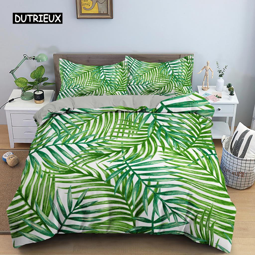 Tropical Plant Bed Linen Collection Green Leaves Quilt Cover with Zipper Closure Comforter Cover Queen Size King Dimension Full Polyester Fabric Quilt