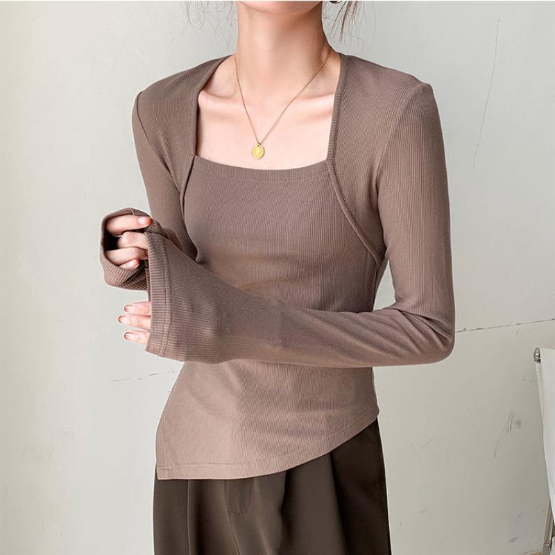 Dámská podzimní spodní košile Všestranné jednobarevné tričko se čtvercovým výstřihem