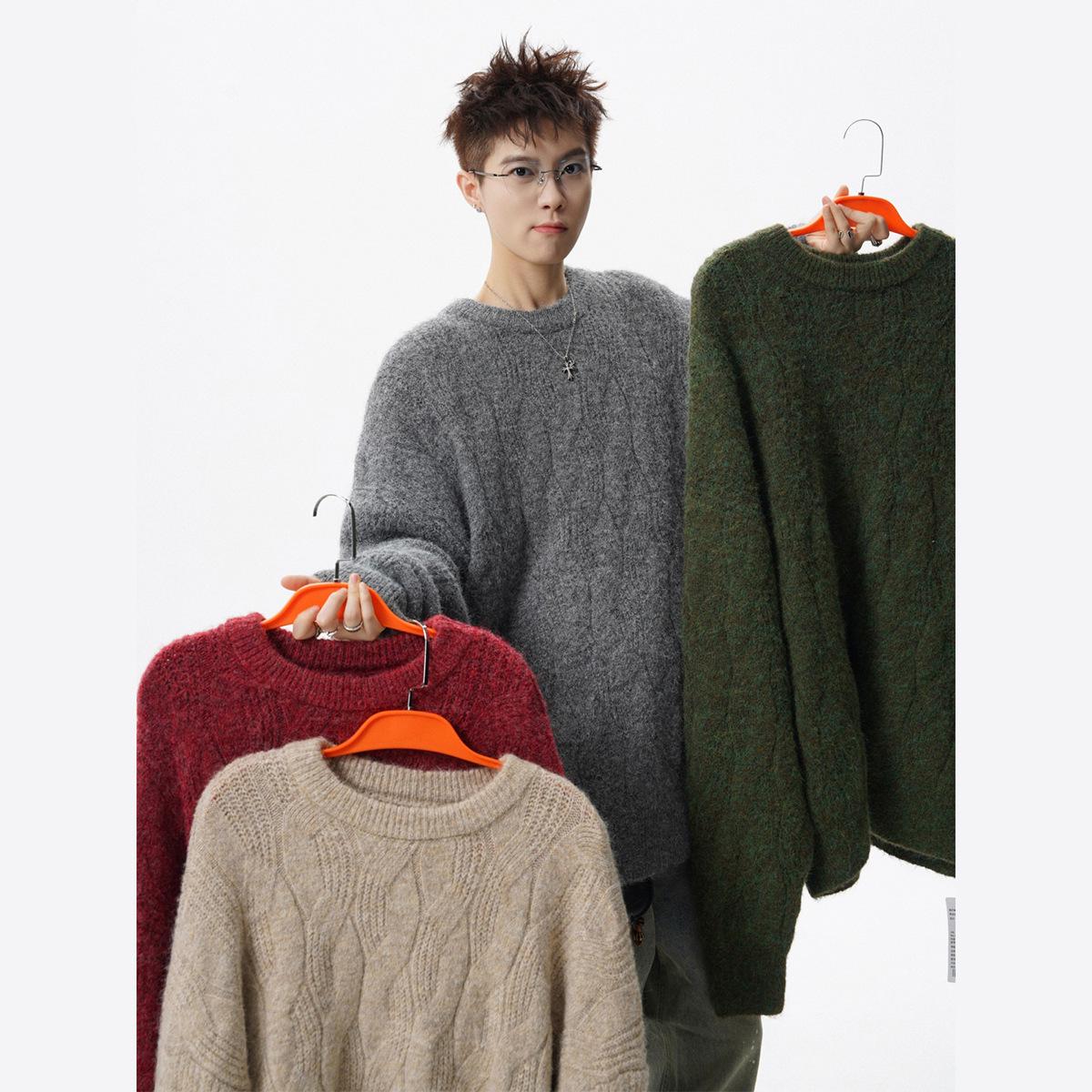 Men s Retro Cable Knit Sweater - Round Neck, Loose Fit, Autumn & Winter Layering Pullover XL