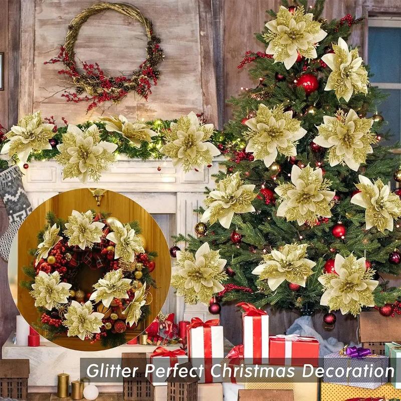 Christmas Glitter Flowers Fake Flower Christmas Tree Decorations for Home Pendant Ornaments Navidad New Year 2027 Gift