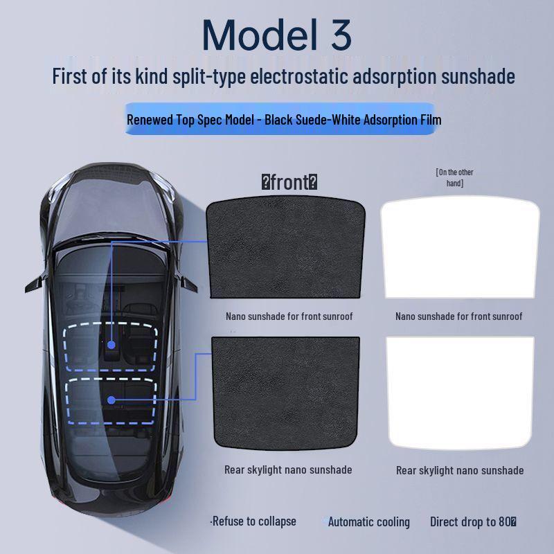 Tesla Model Y & 3 Sunroof Suede Sunshade: Electrostatic Adsorption Sun Protection & Heat Insulation