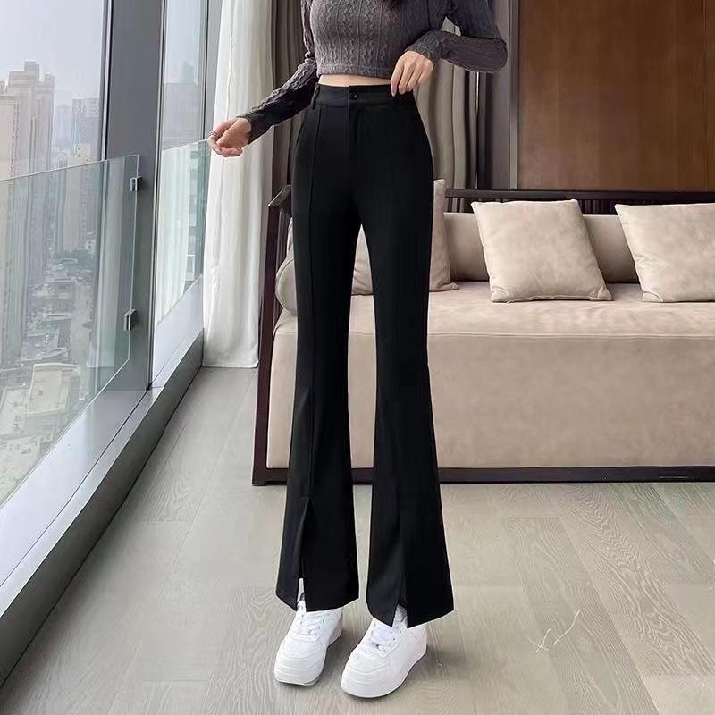 Women Black High Waist Slimming Split Flare Casual Suit Pants