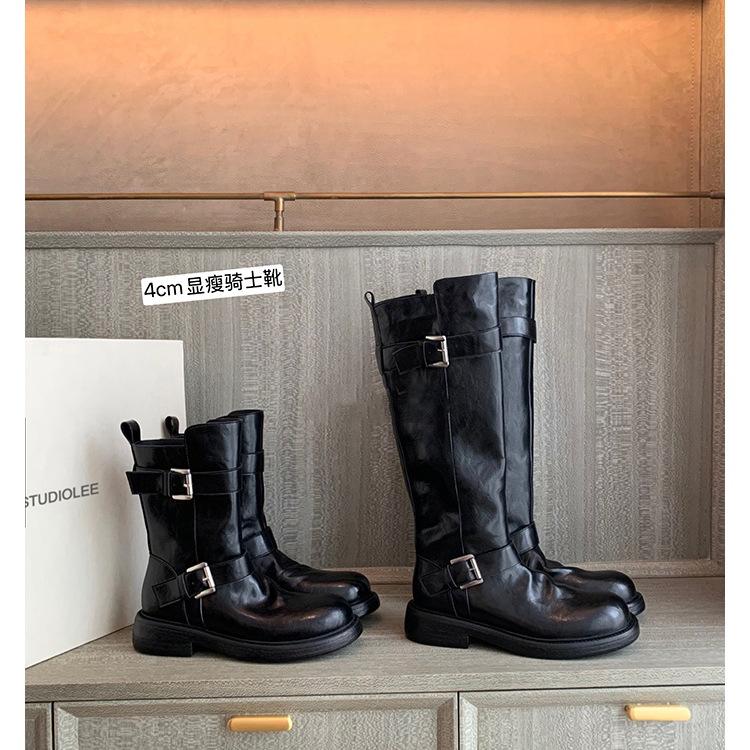 Grape mother leather heightening 4cm retro old locomotive short boots double buckle belt side zipper thick-soled knight boots women